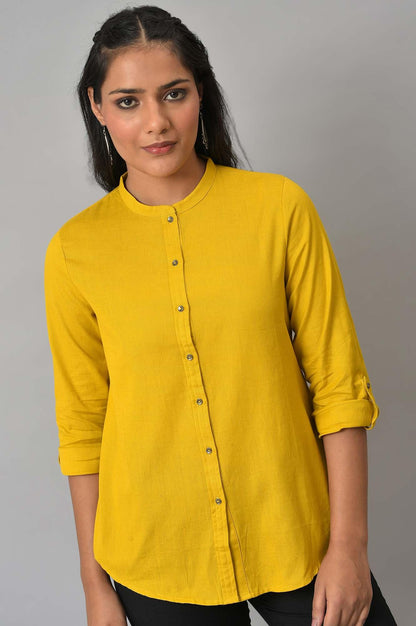 W for Woman Yellow Cotton Flax Button Down Western Top