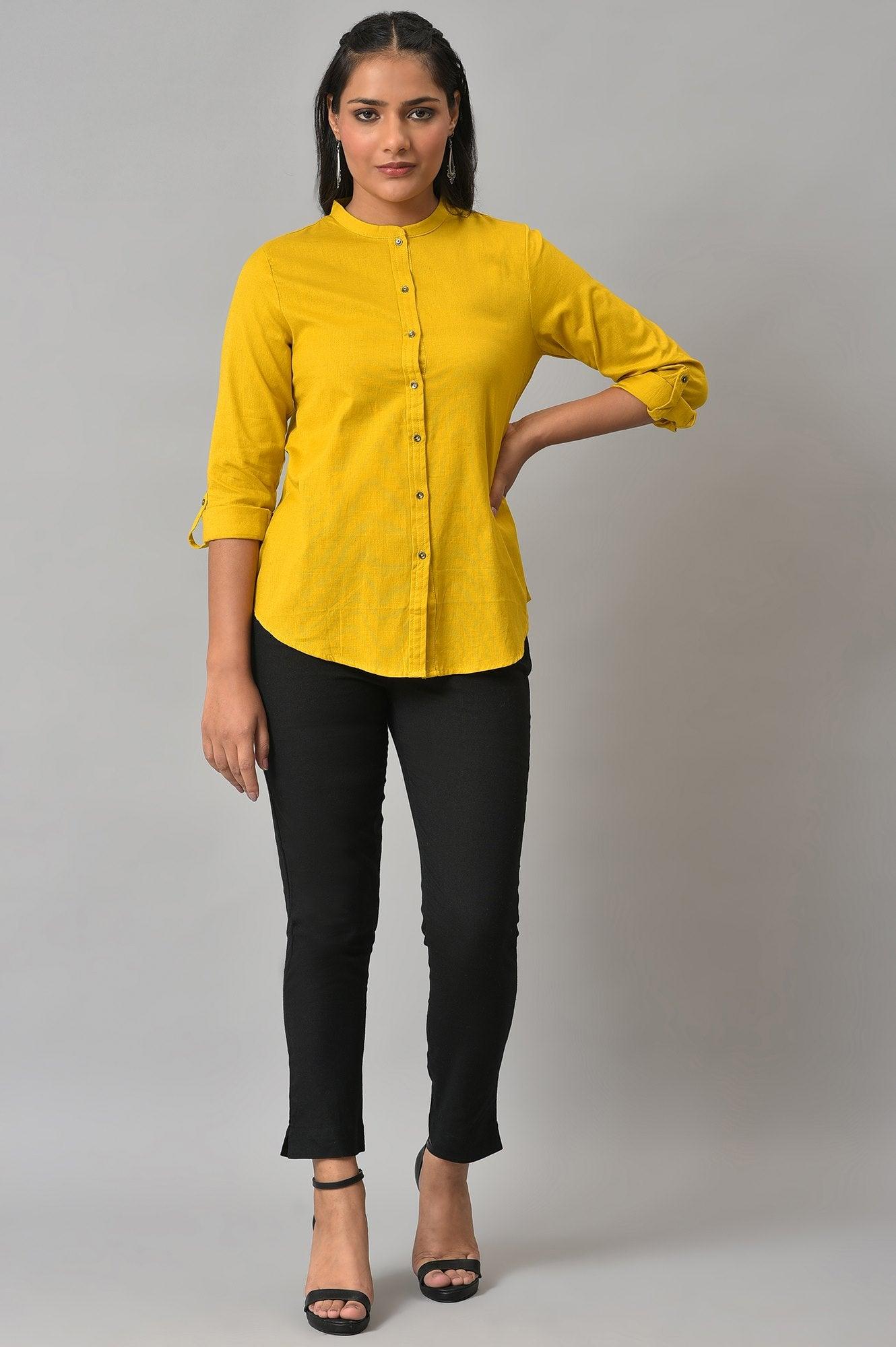 W for Woman Yellow Cotton Flax Button Down Western Top