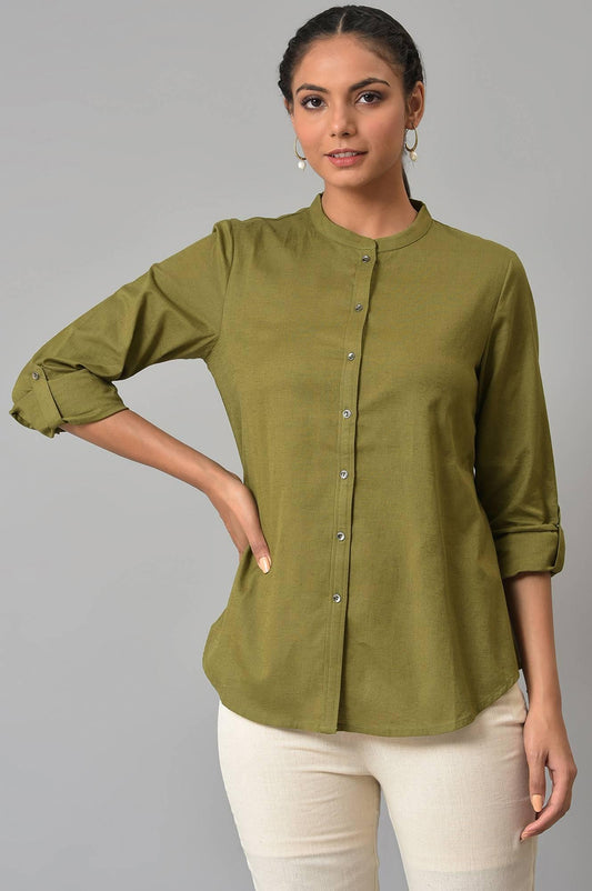 W for Woman Olive Green Cotton Flax Button Down Top