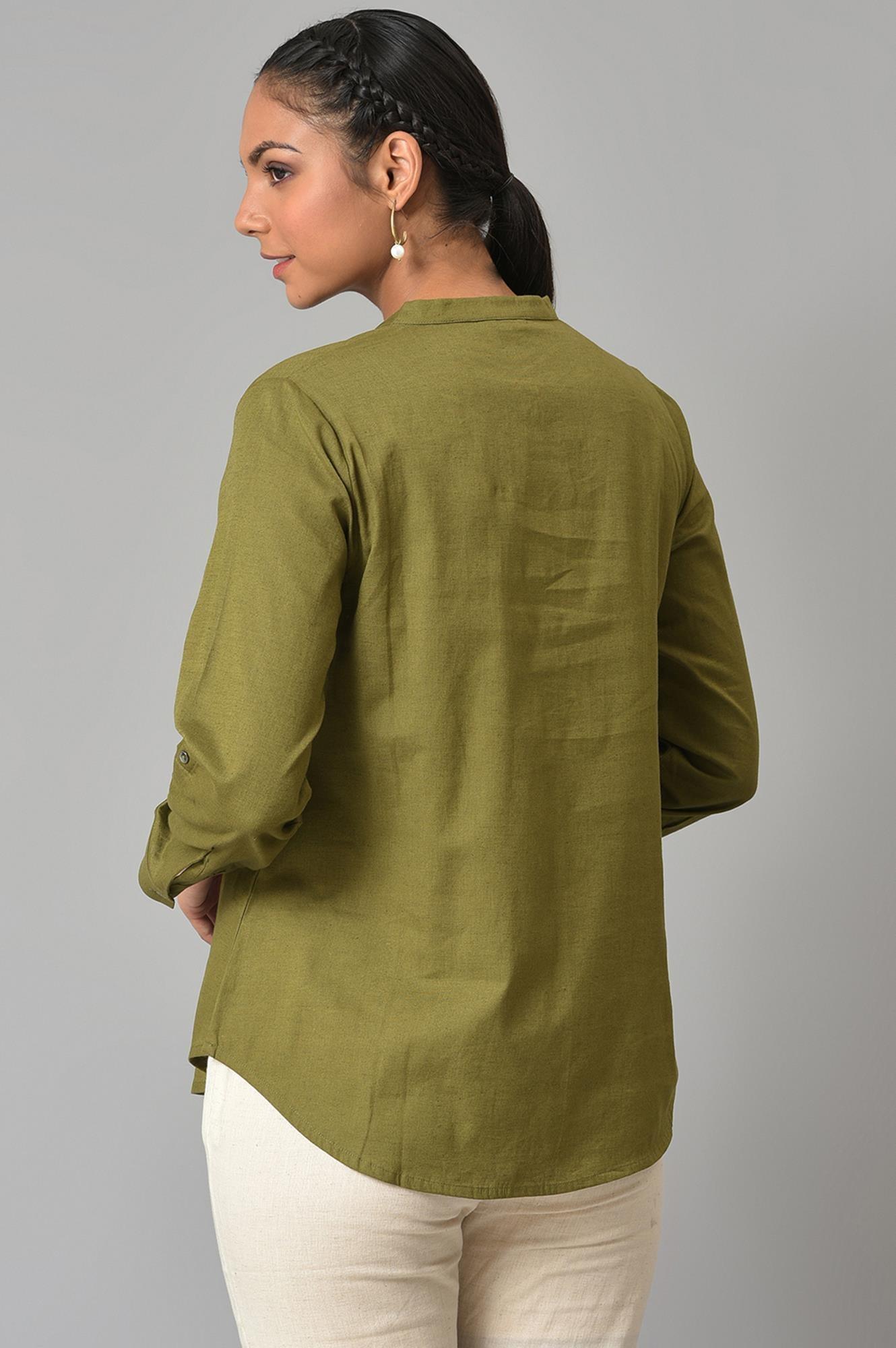 W for Woman Olive Green Cotton Flax Button Down Top