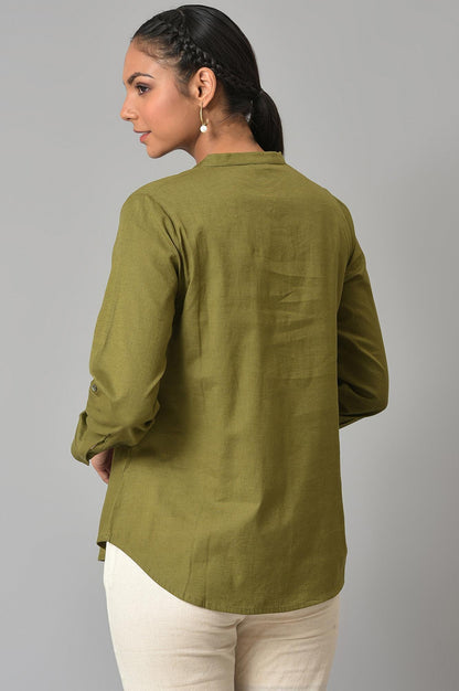 W for Woman Olive Green Cotton Flax Button Down Top