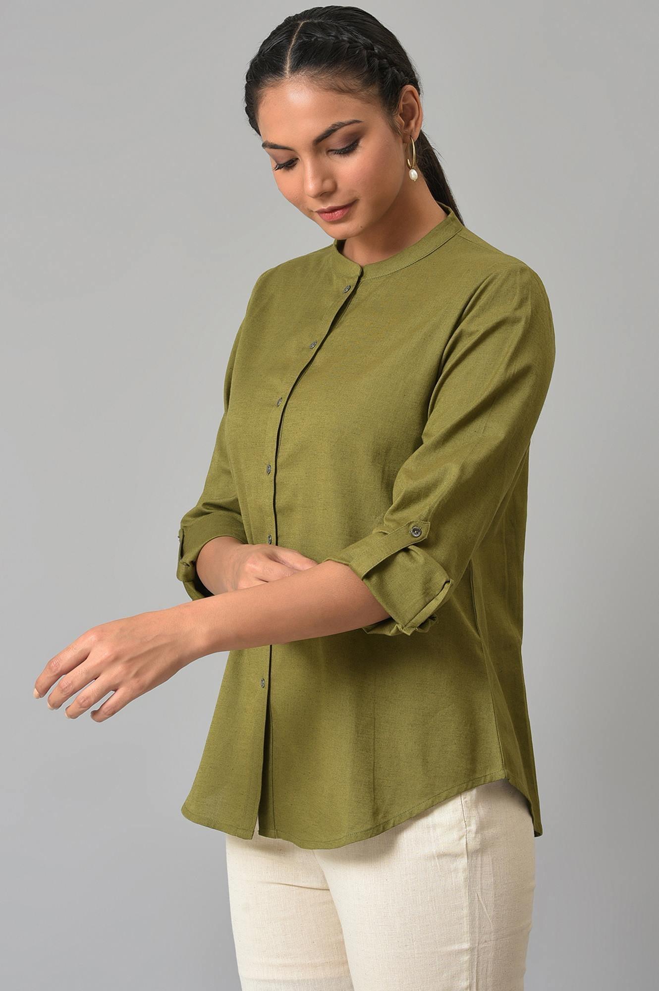 W for Woman Olive Green Cotton Flax Button Down Top