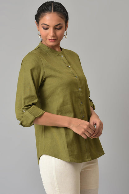 W for Woman Olive Green Cotton Flax Button Down Top