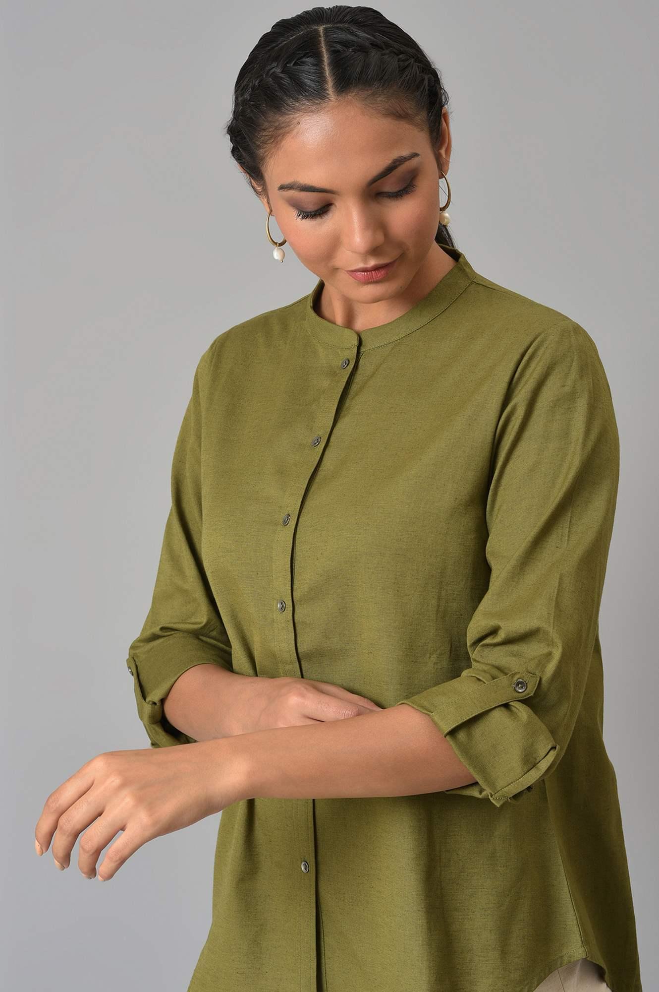W for Woman Olive Green Cotton Flax Button Down Top