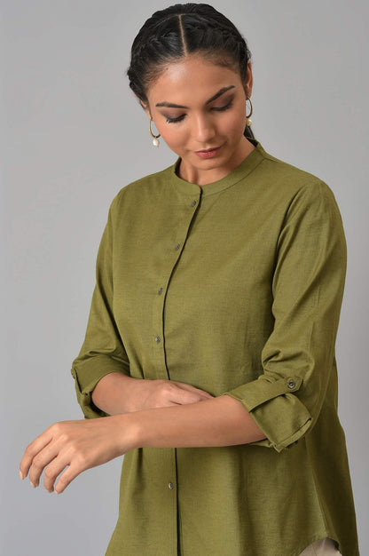 W for Woman Olive Green Cotton Flax Button Down Top