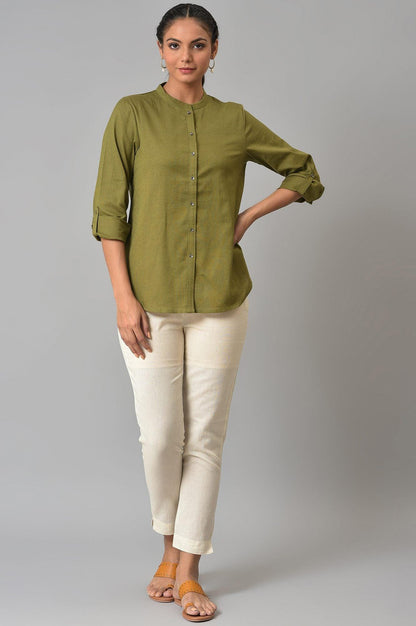 W for Woman Olive Green Cotton Flax Button Down Top