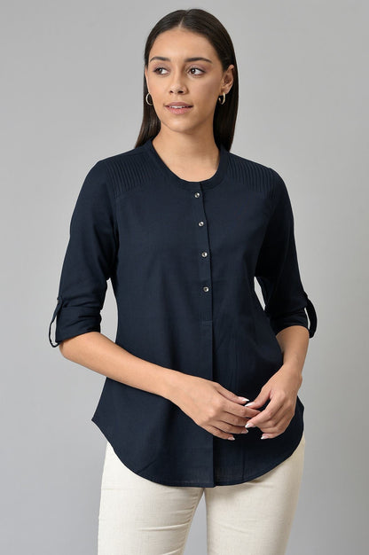 W for Woman Navy Blue Cotton Flax Top