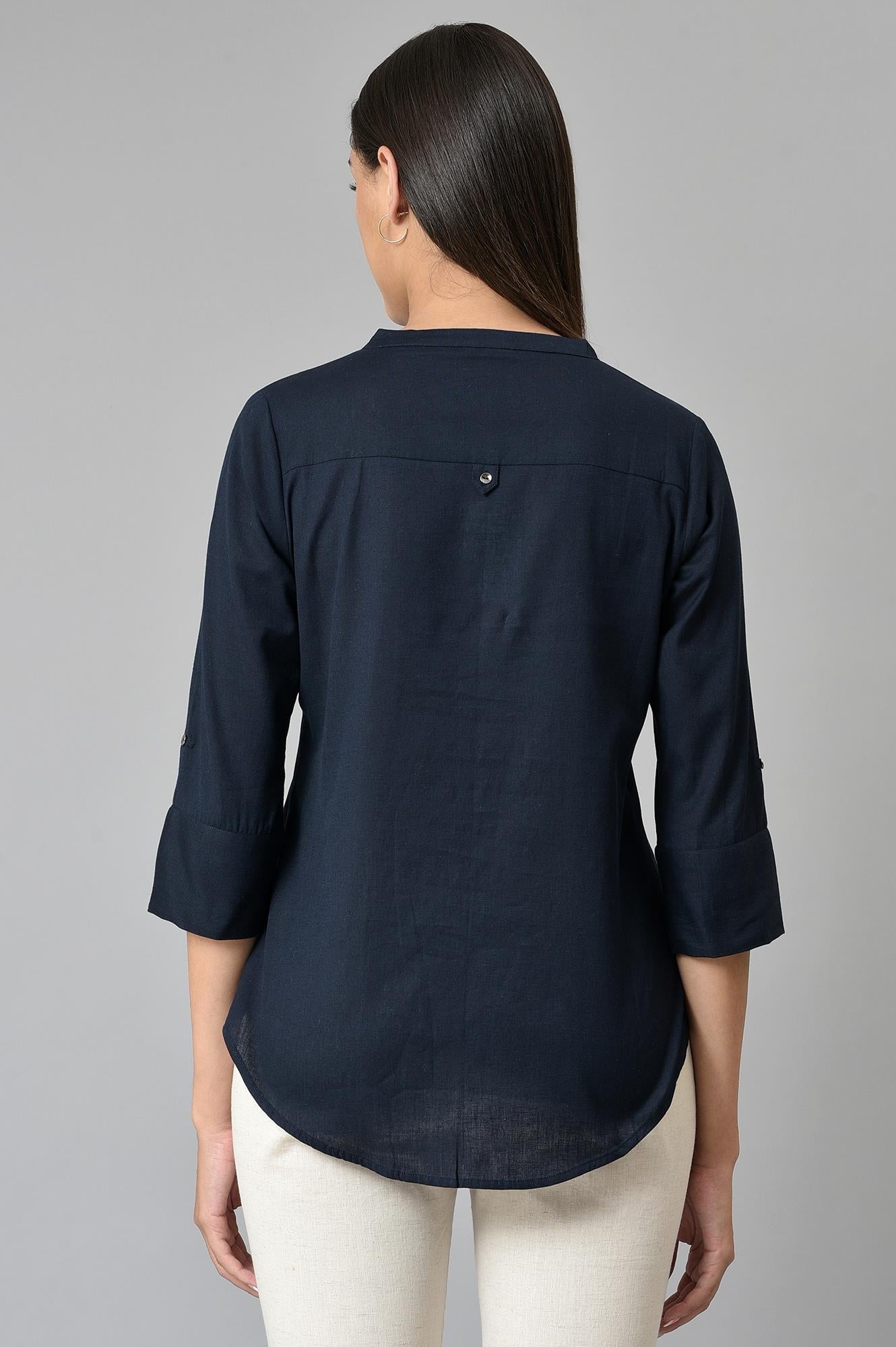 W for Woman Navy Blue Cotton Flax Top