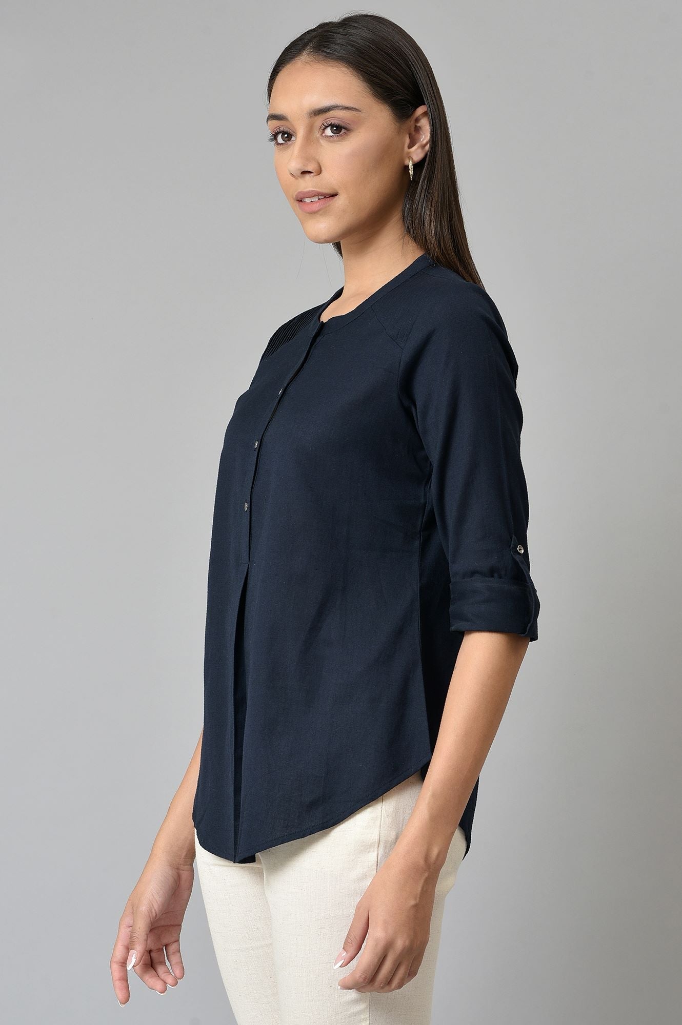 W for Woman Navy Blue Cotton Flax Top