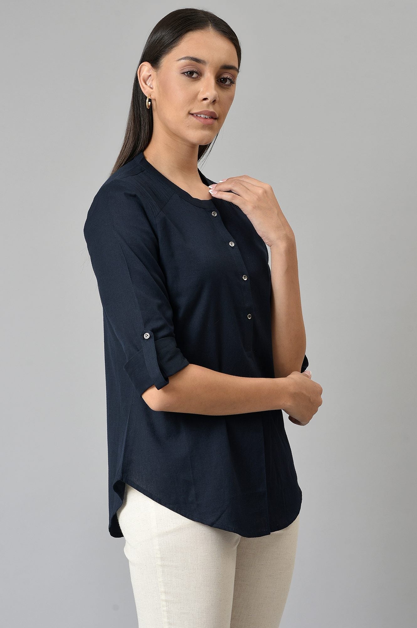 W for Woman Navy Blue Cotton Flax Top