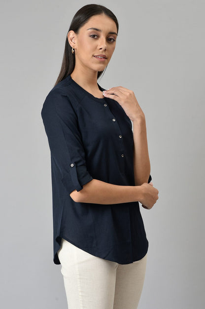 W for Woman Navy Blue Cotton Flax Top