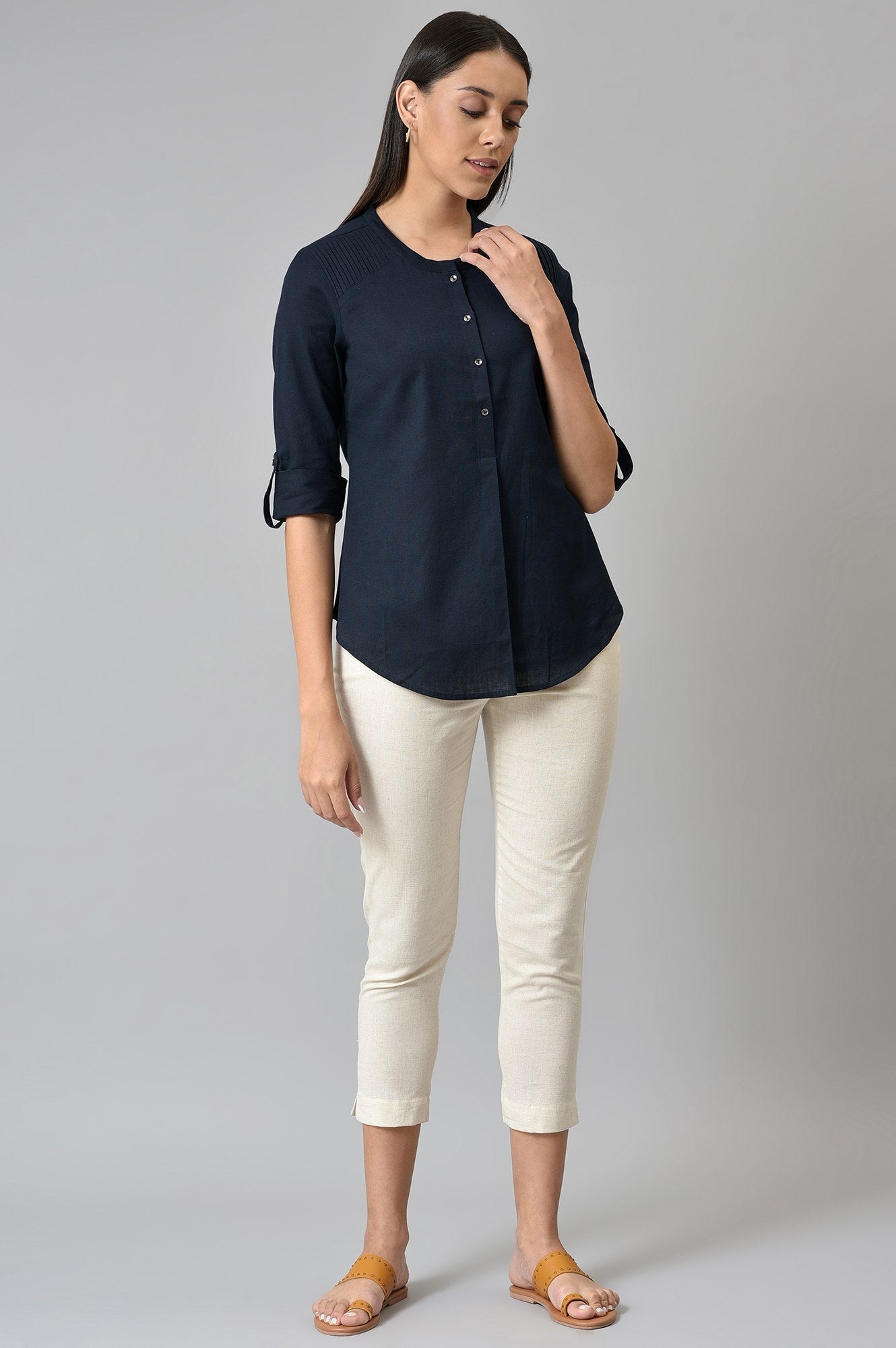 W for Woman Navy Blue Cotton Flax Top