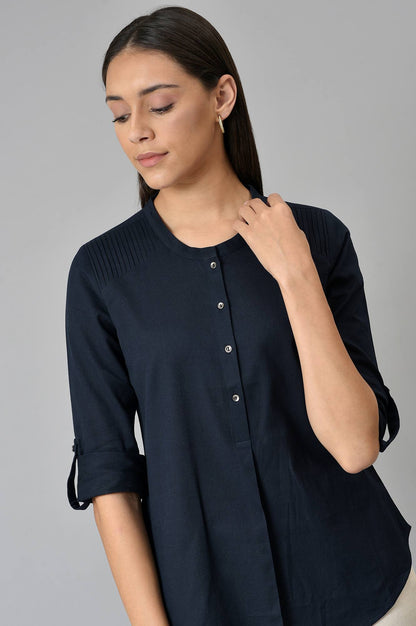 W for Woman Navy Blue Cotton Flax Top