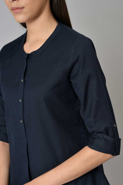 W for Woman Navy Blue Cotton Flax Top