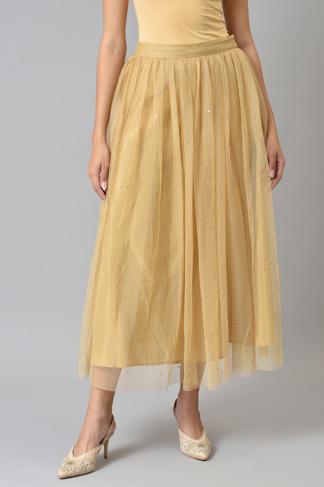 W for Woman Gold Solid Sequined Flared Mesh Skirt