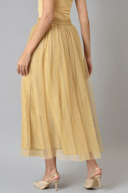 W for Woman Gold Solid Sequined Flared Mesh Skirt