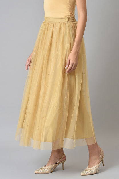 W for Woman Gold Solid Sequined Flared Mesh Skirt