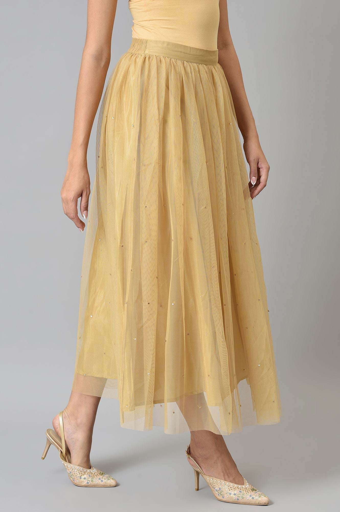 W for Woman Gold Solid Sequined Flared Mesh Skirt