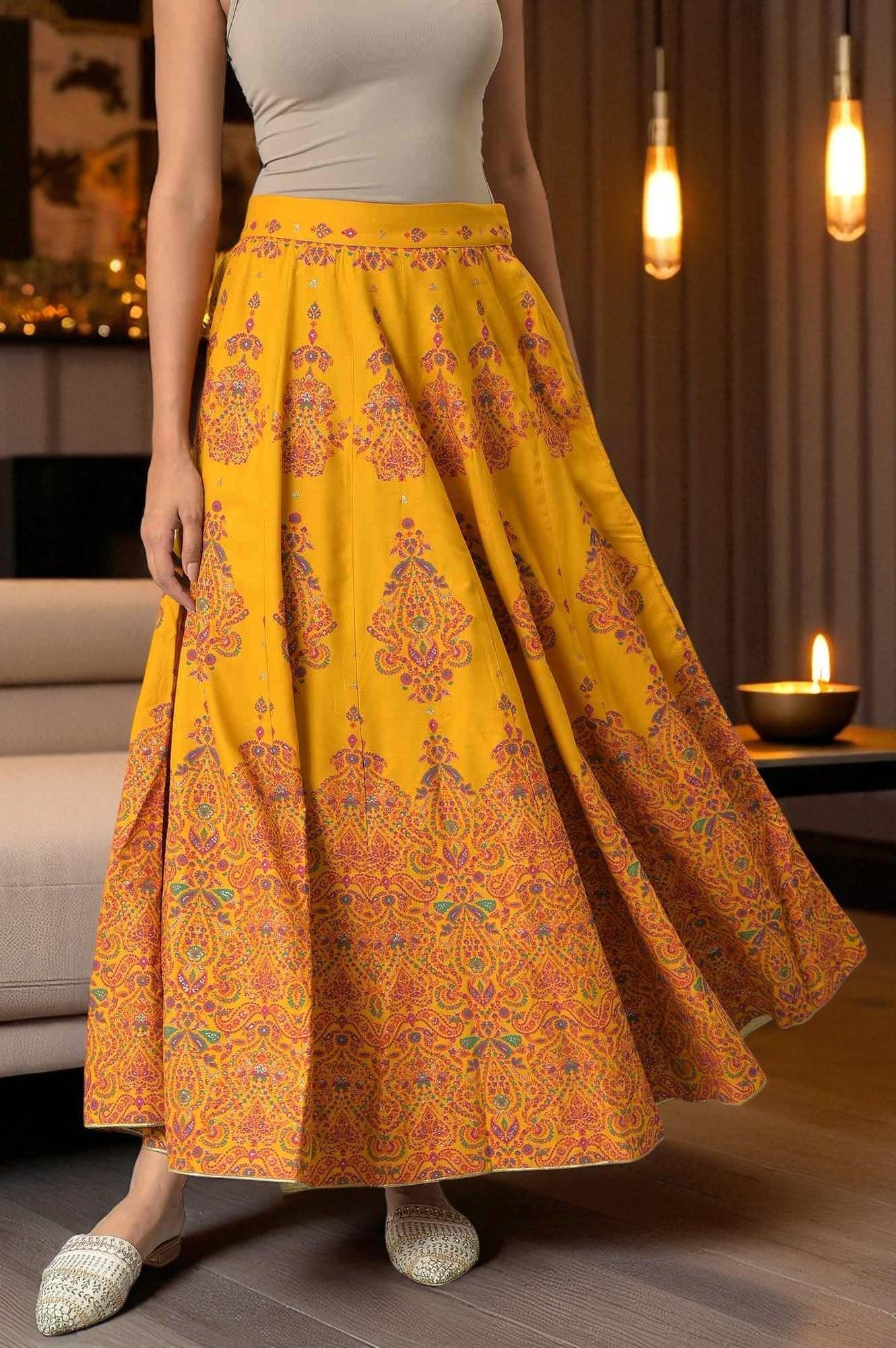 W for Woman Mustard Flared Skirt With Multicoloured Floral Print