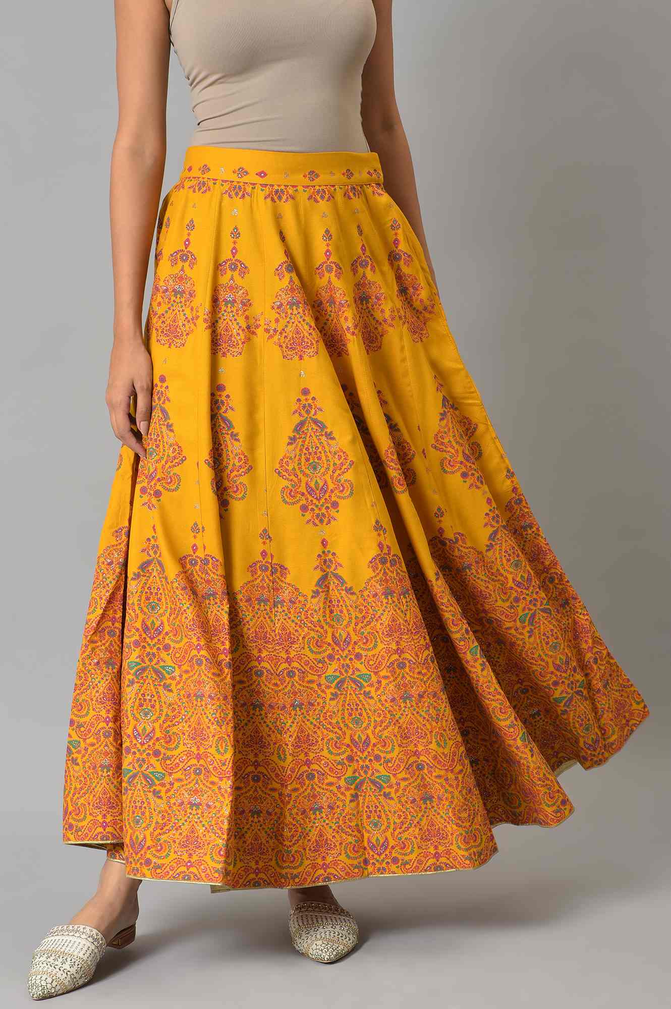 W for Woman Mustard Flared Skirt With Multicoloured Floral Print