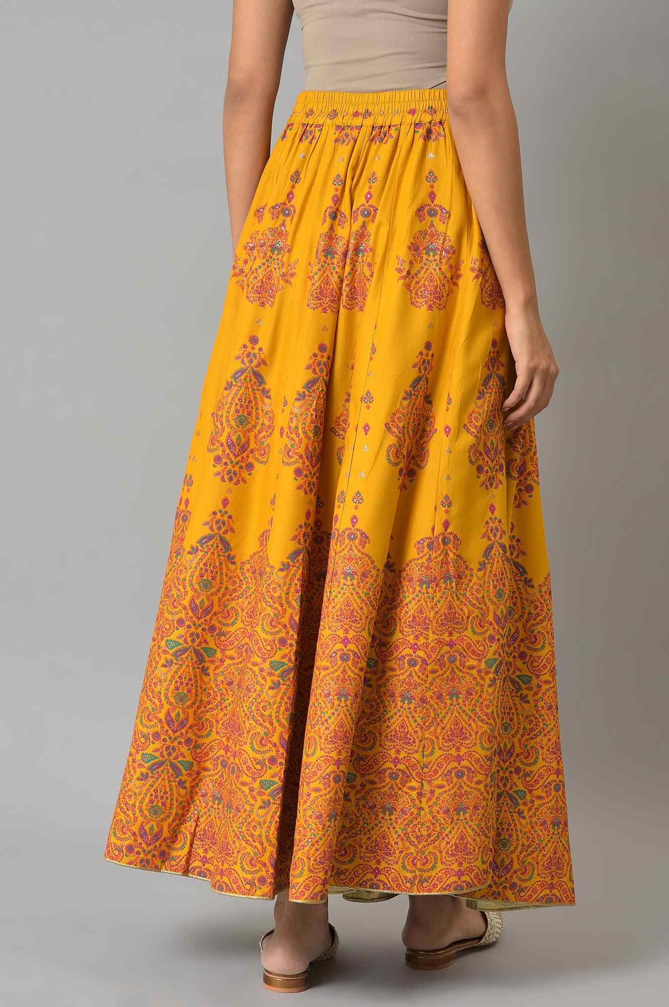 W for Woman Mustard Flared Skirt With Multicoloured Floral Print