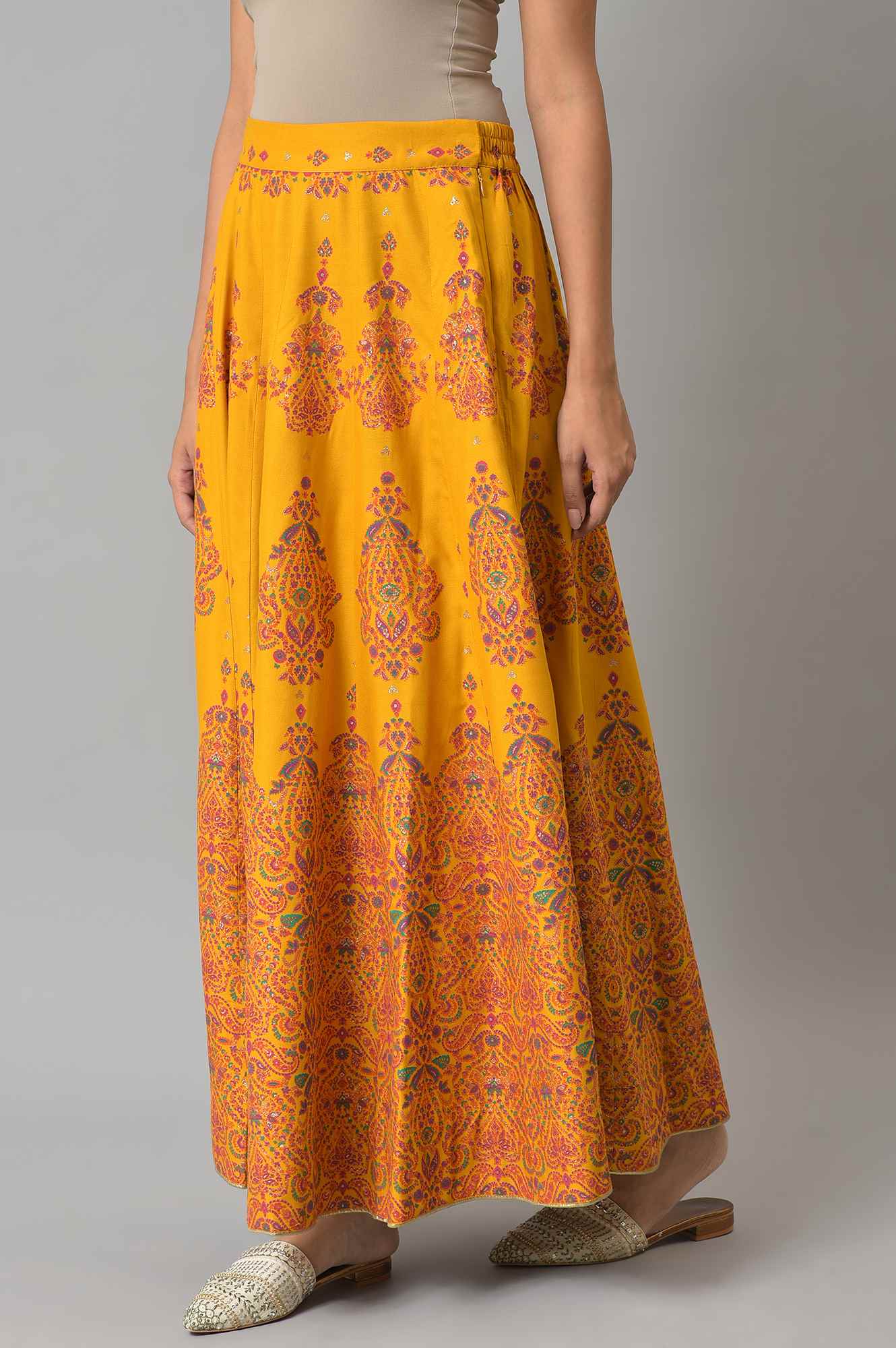 W for Woman Mustard Flared Skirt With Multicoloured Floral Print