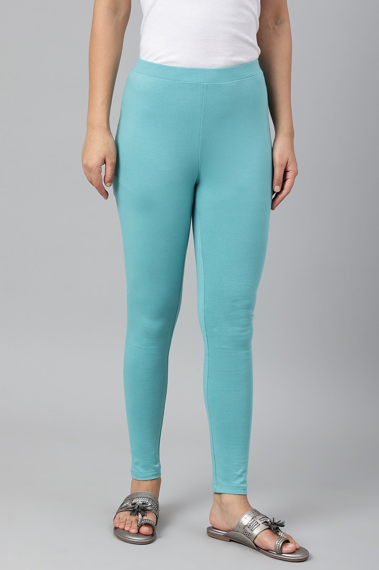 W for Woman Light Blue Solid Knitted Women Tights