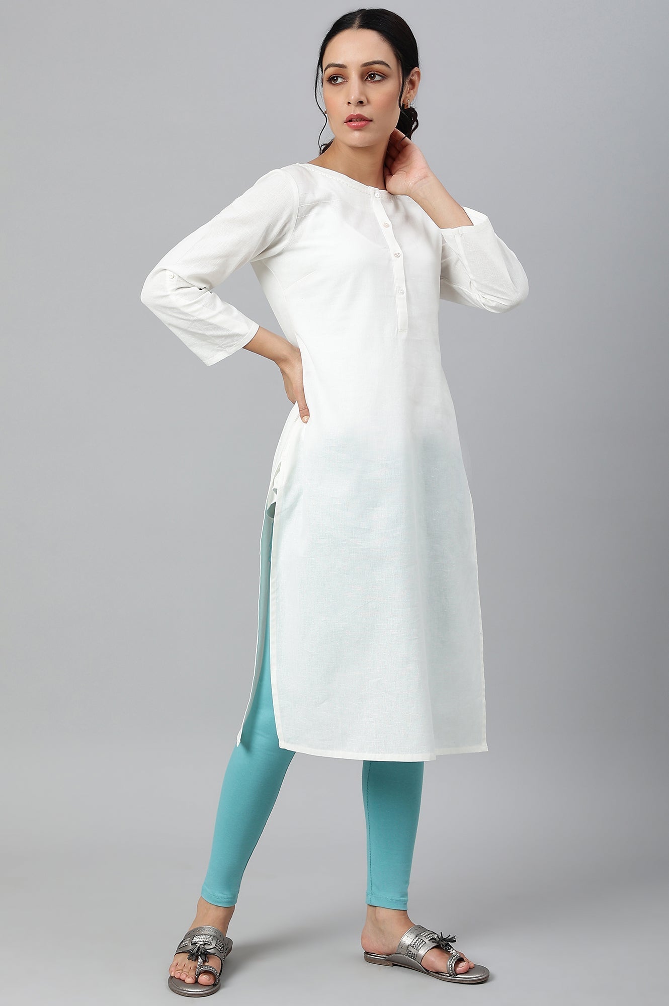 W for Woman Light Blue Solid Knitted Women Tights