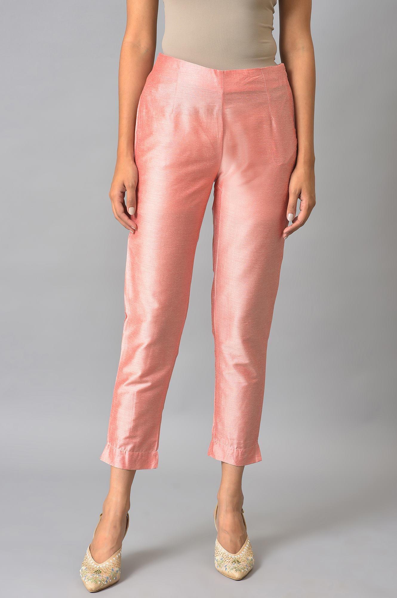 W for Woman Peach Pink Solid Slim Pants