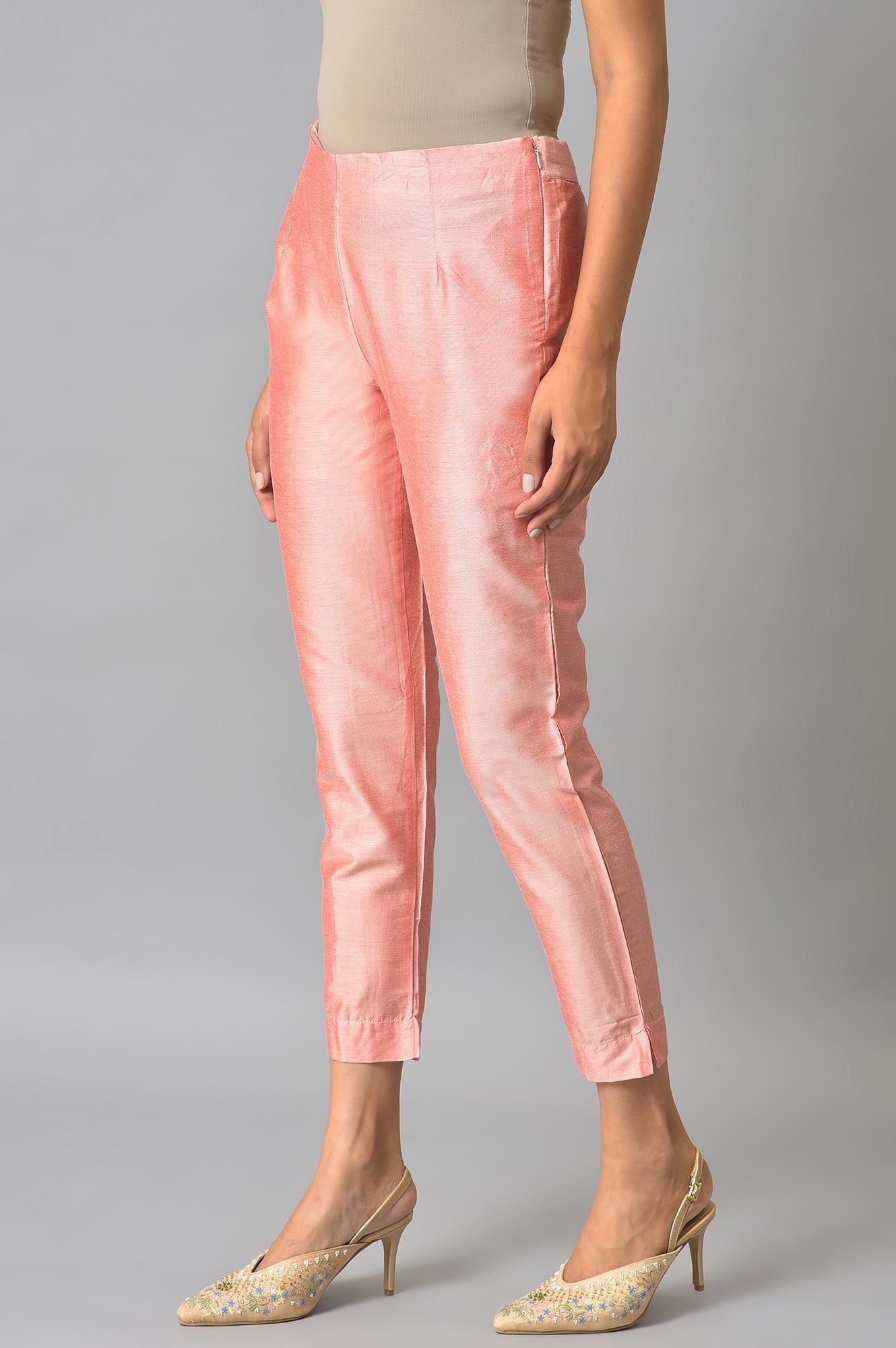 W for Woman Light Pink Solid Thread Embroidered Rayon Asymmetric Kurta and Slim Pant Set