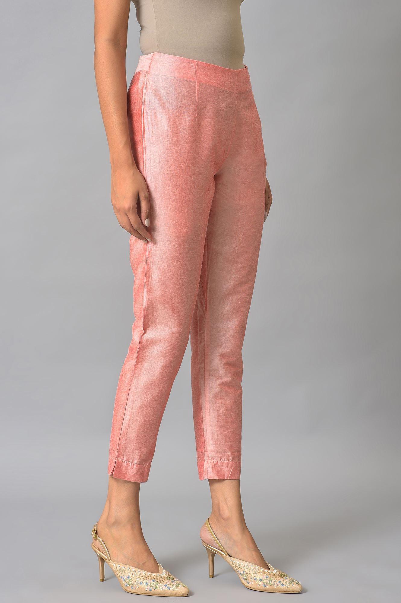 W for Woman Peach Pink Solid Slim Pants