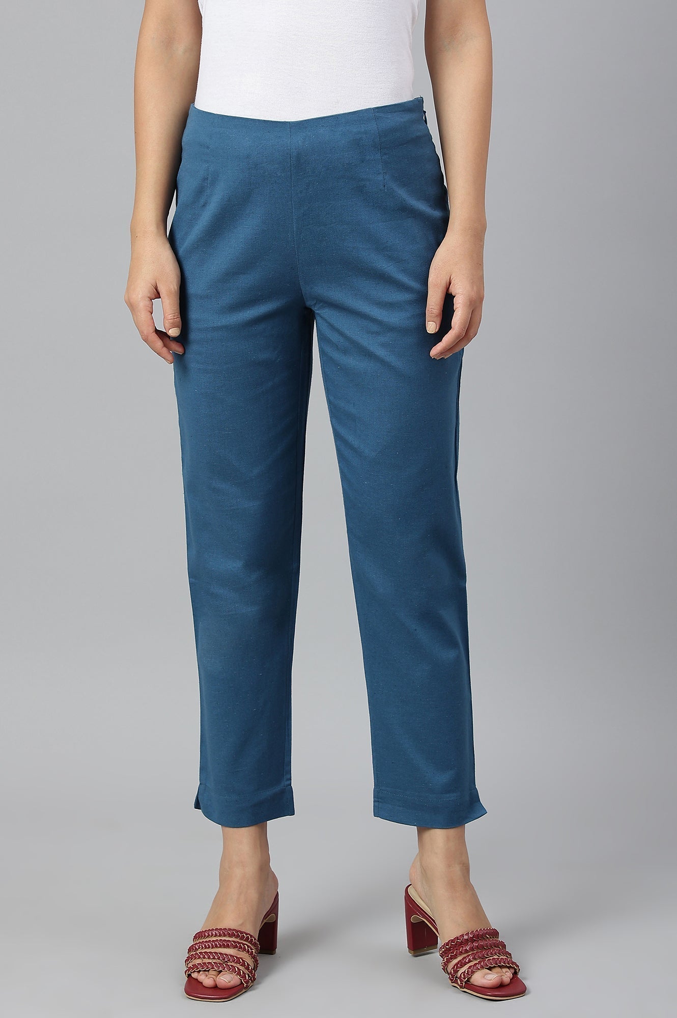 W for Woman Teal Blue Cotton Blend Slim Pants