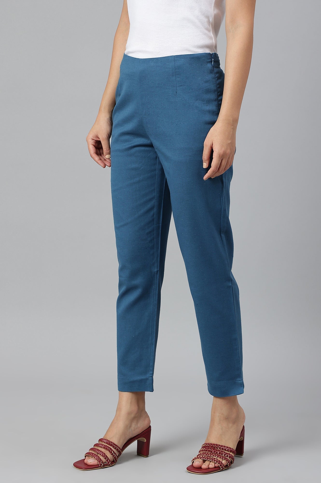 W for Woman Teal Blue Cotton Blend Slim Pants