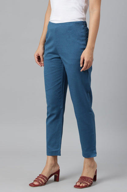 W for Woman Teal Blue Cotton Blend Slim Pants