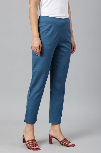 W for Woman Teal Blue Cotton Blend Slim Pants