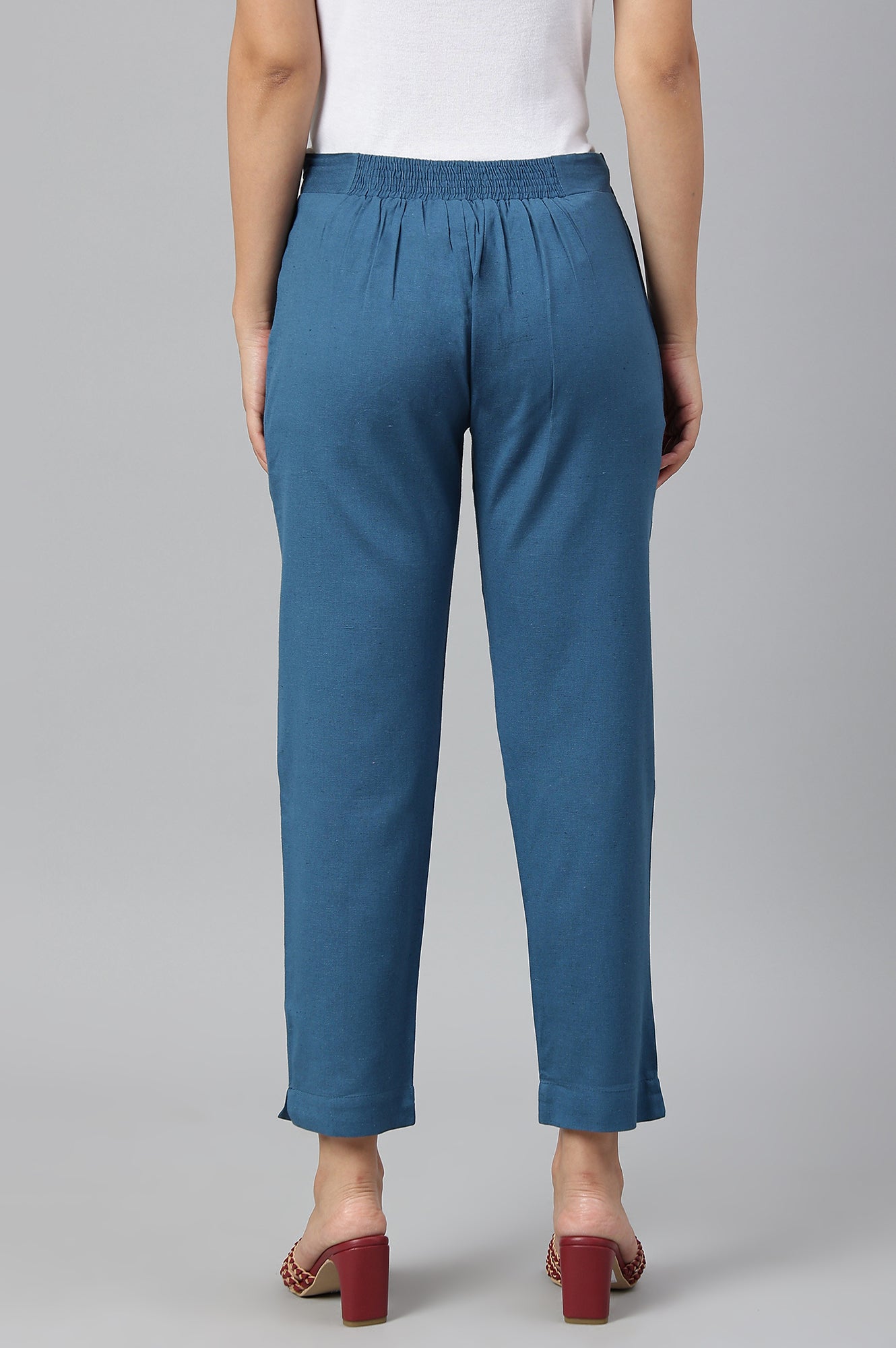 W for Woman Teal Blue Cotton Blend Slim Pants