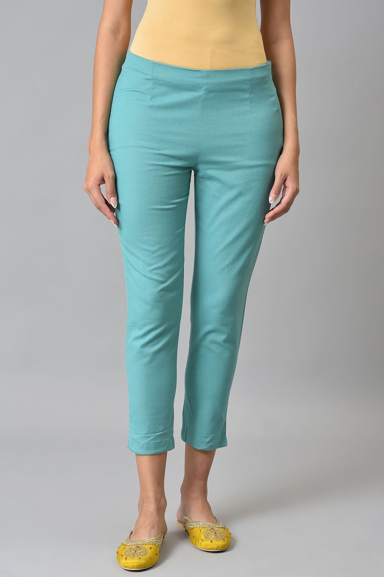 W for Woman Light Blue Cotton Blend Slim Pants