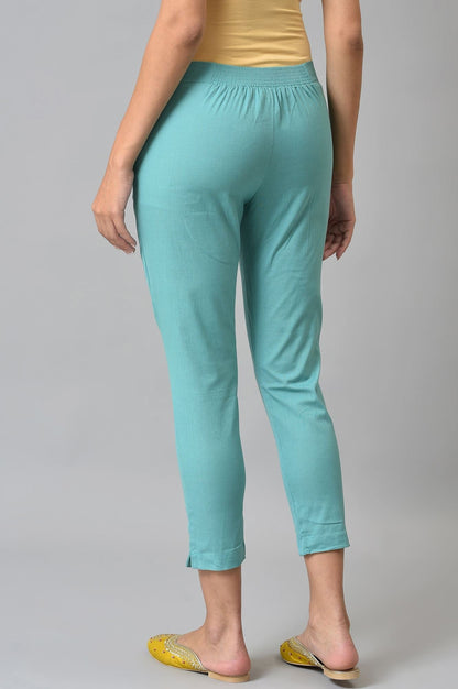 W for Woman Light Blue Cotton Blend Slim Pants