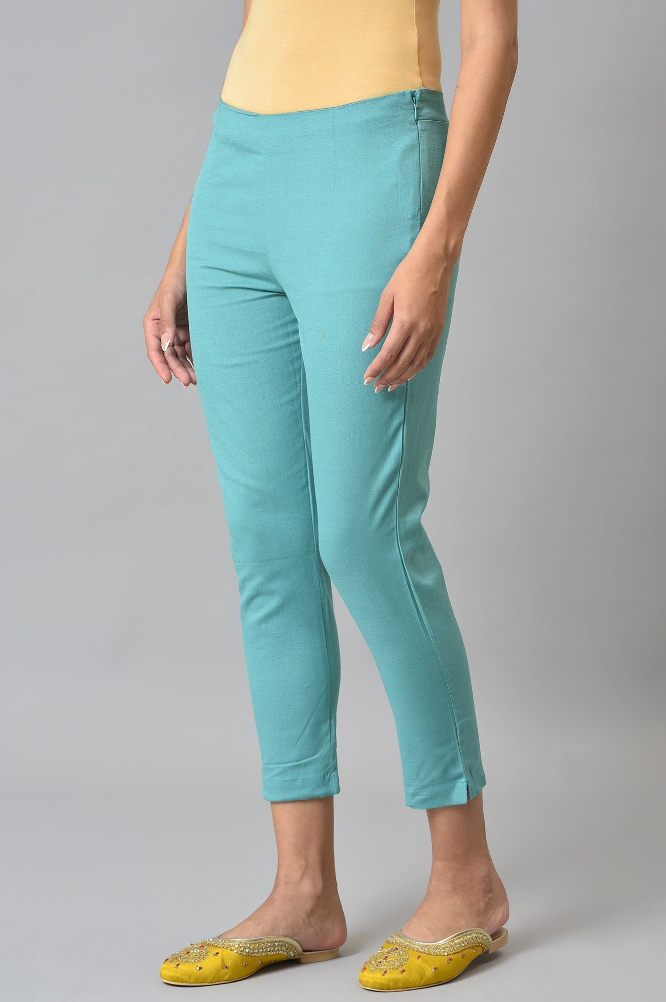 W for Woman Light Blue Cotton Blend Slim Pants