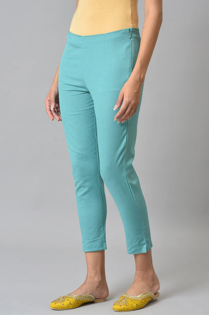 W for Woman Light Blue Cotton Blend Slim Pants