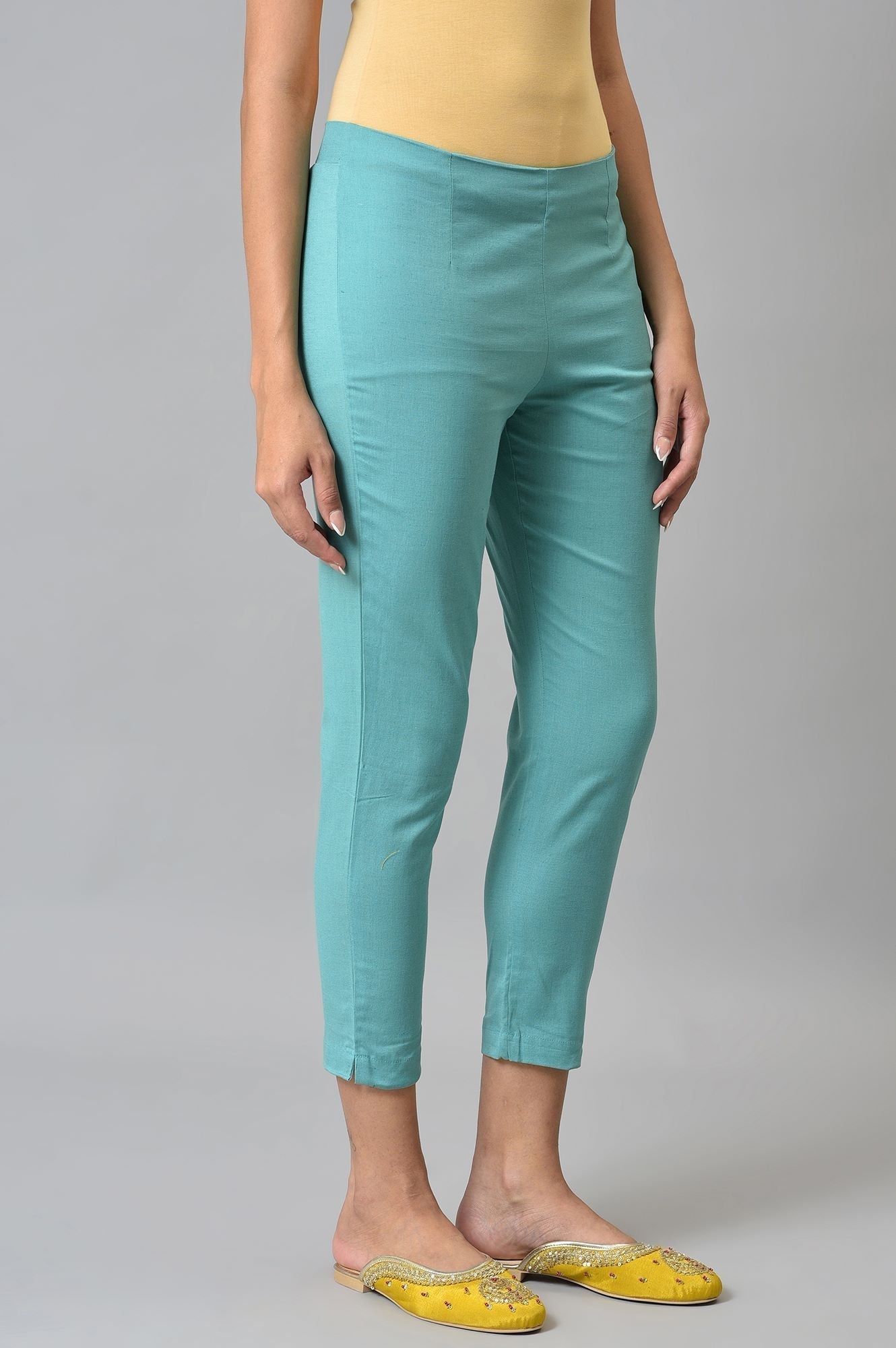 W for Woman Light Blue Cotton Blend Slim Pants