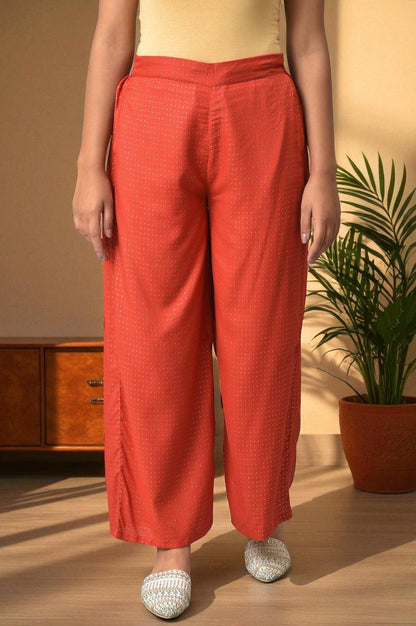 W for Woman Red Glitter Printed Rayon Parallel Pants