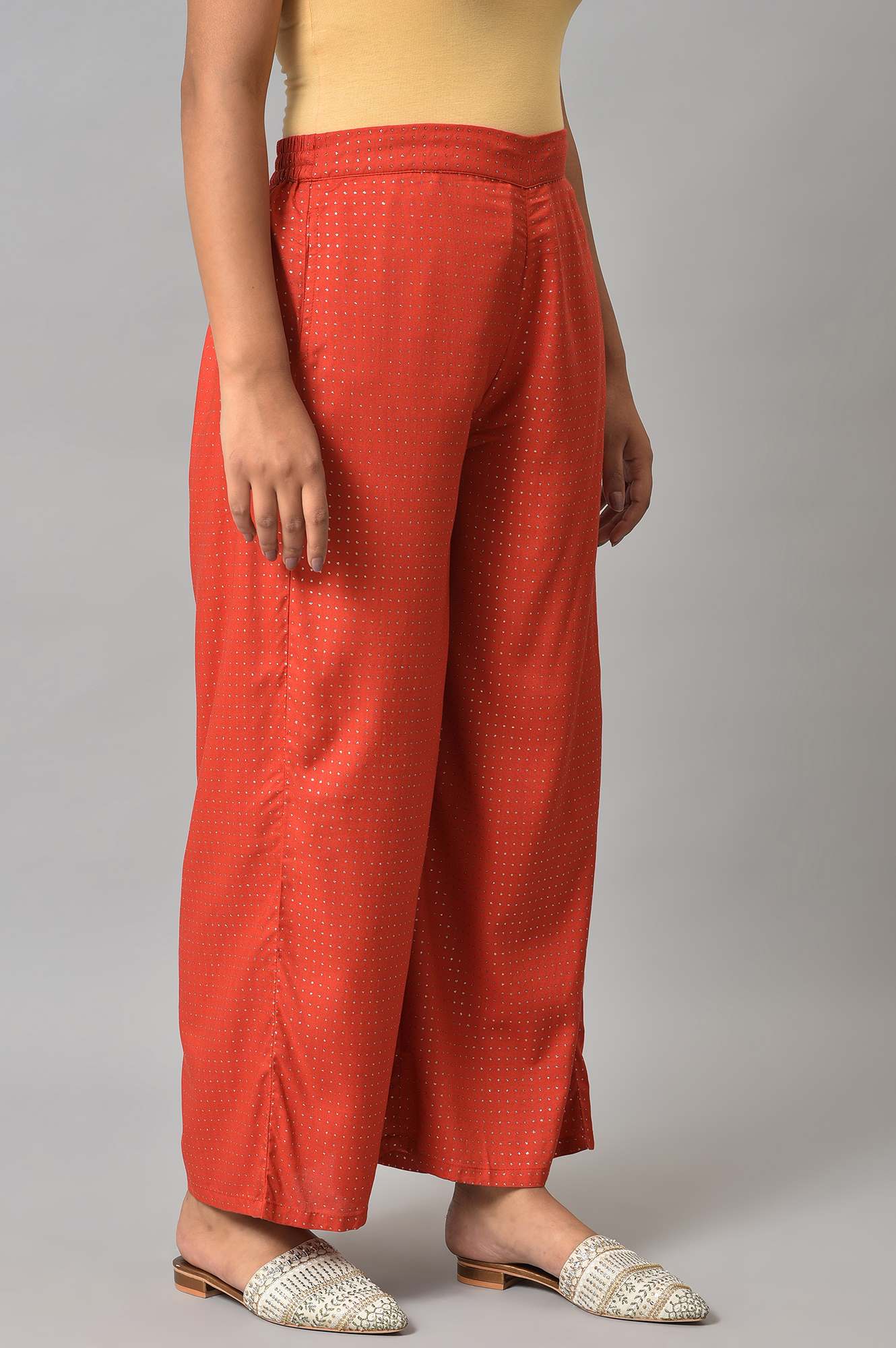 W for Woman Red Geometric Printed Rayon Straight Kurta and Parallel Pant Set