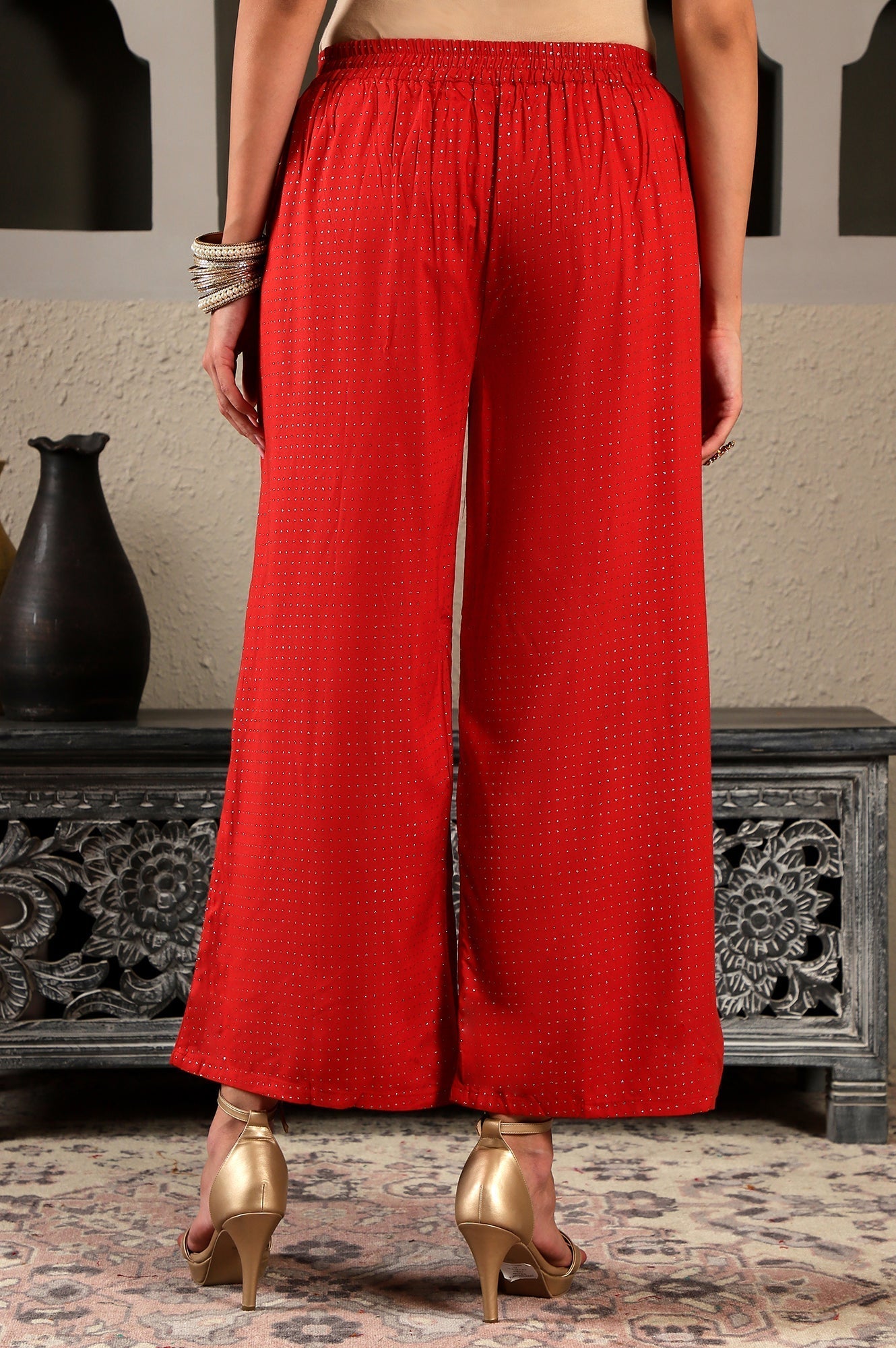 W for Woman Red Glitter Printed Rayon Parallel Pants