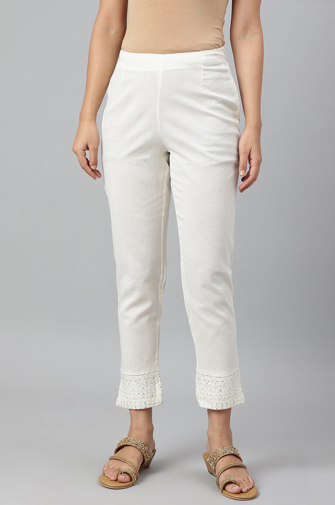 W for Woman Ecru Slim Pants With Embroidered Hem