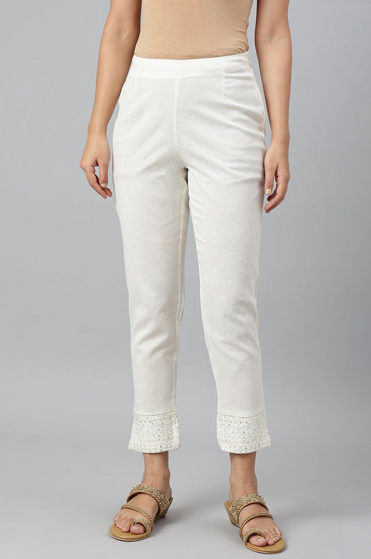 W for Woman Ecru Slim Pants With Embroidered Hem