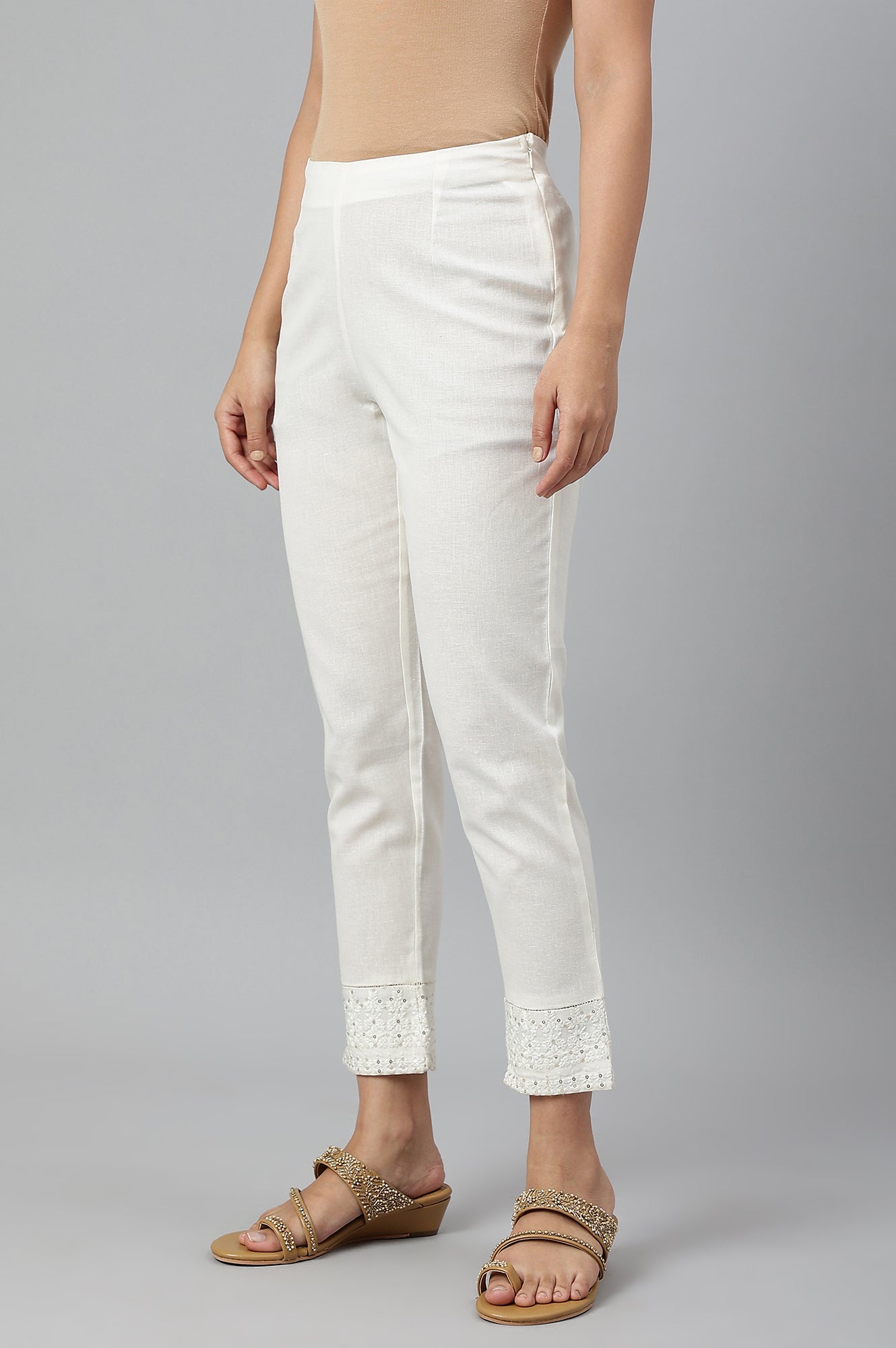 W for Woman Ecru Slim Pants With Embroidered Hem