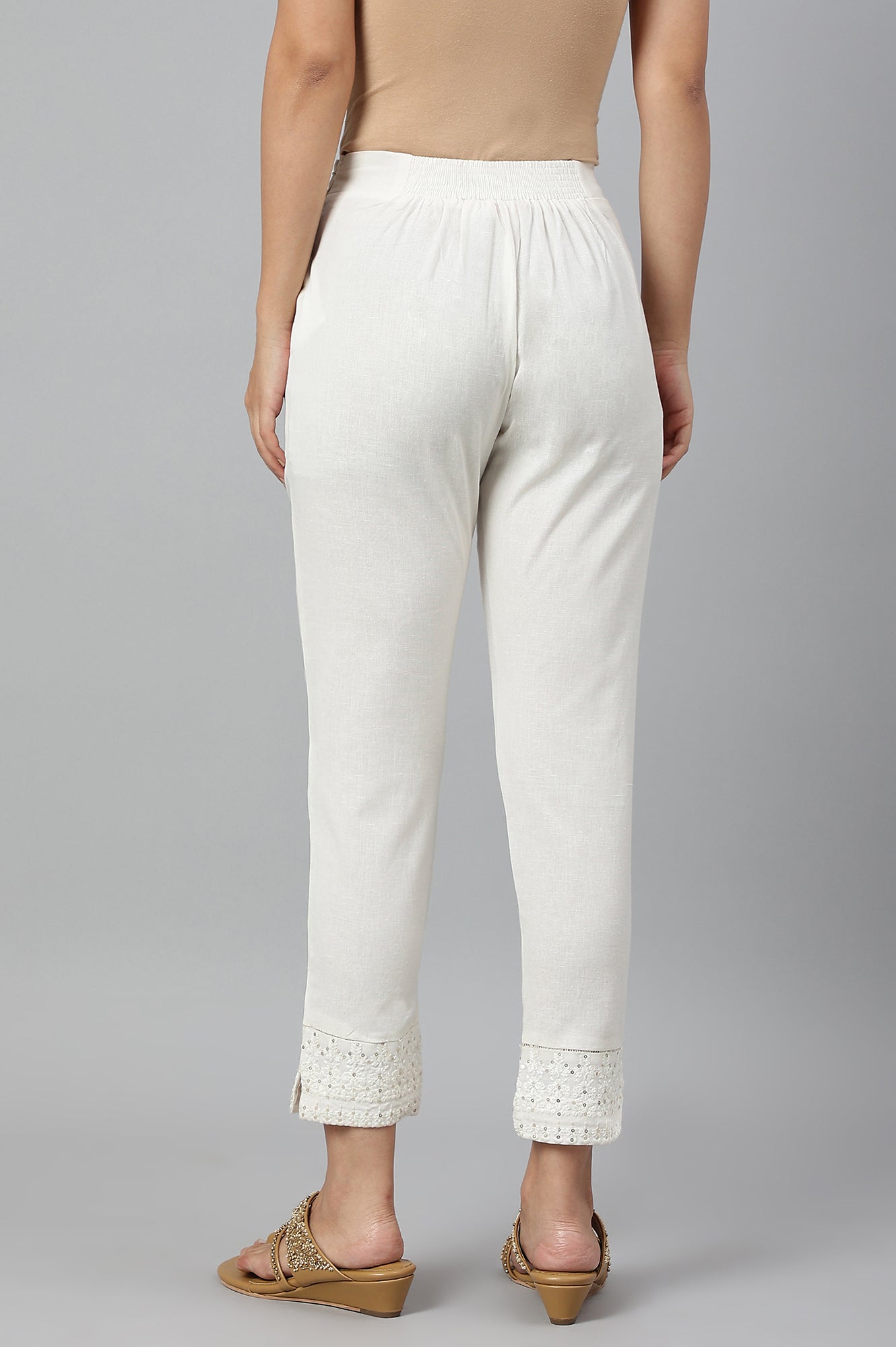 W for Woman Ecru Slim Pants With Embroidered Hem