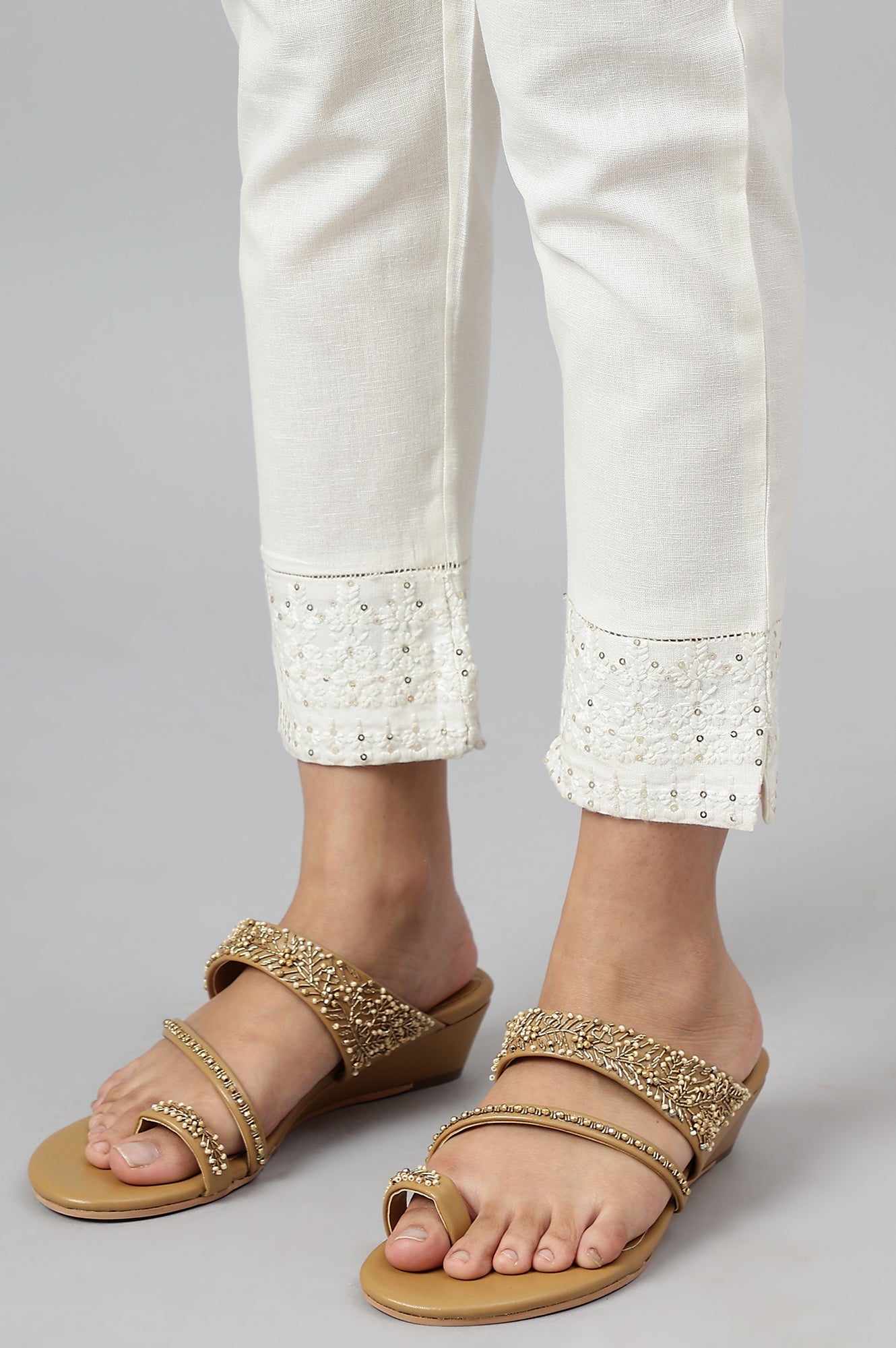 W for Woman Ecru Slim Pants With Embroidered Hem