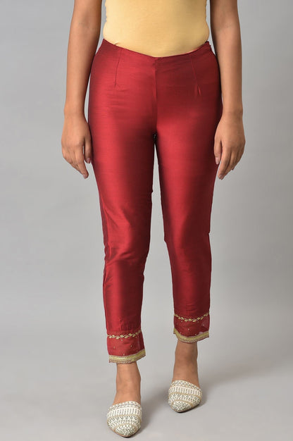 W for Woman Red Embroidered Light Festive Slim Pants